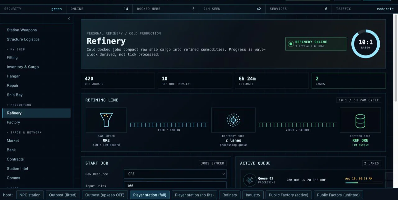 Current SpaceMMO refinery preview showing cold-production lanes and ore processing.