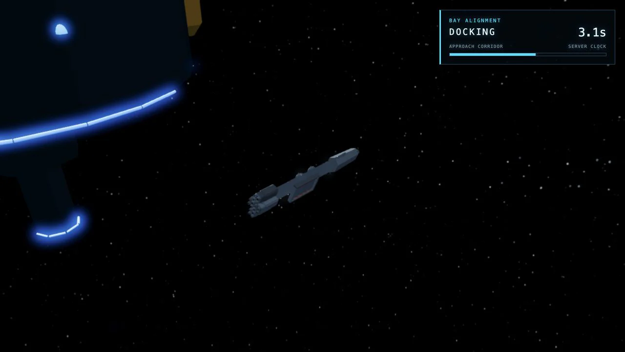 Current SpaceMMO docking preview at mid approach, with the ship aligned beside the station.