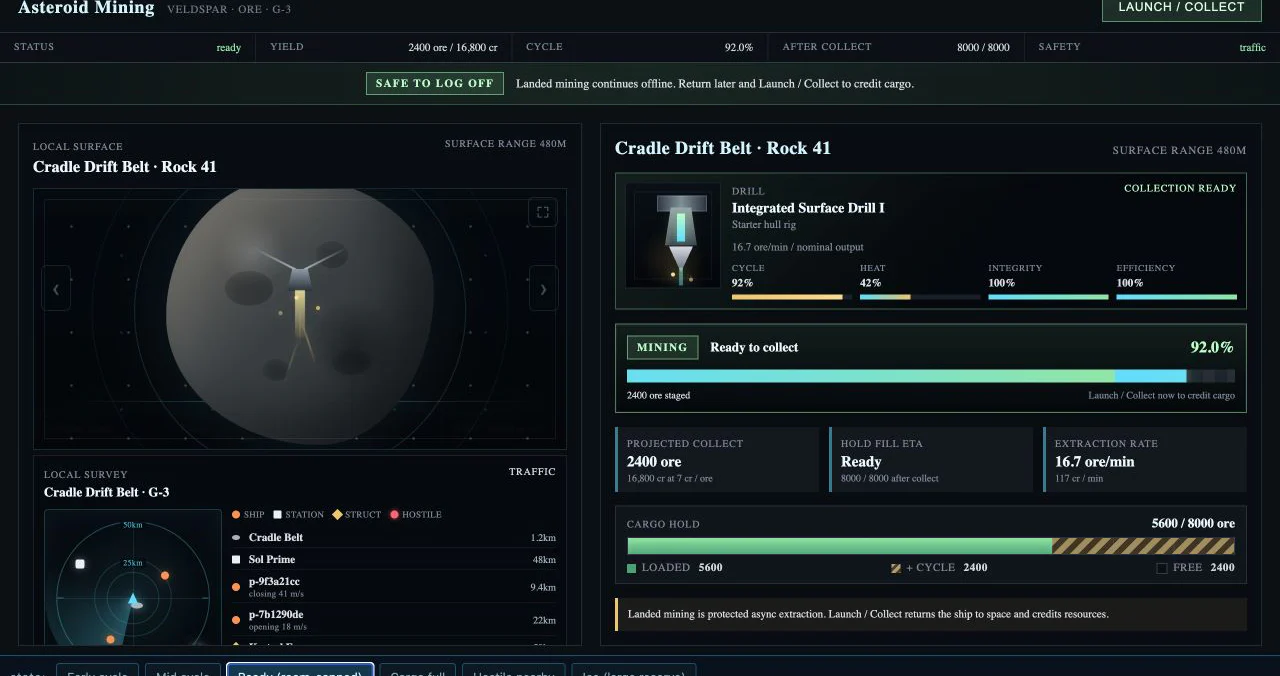 Current SpaceMMO mining terminal showing a completed extraction cycle ready to collect.